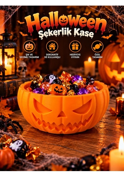Halloween Cadılar Bayramı Dekoratif Balkabağı Şekerlik Kase Masa Üstü Dekor
