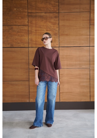 Verymoda Dantel Detaylı Asimetrik Tişört D2953 Kahve