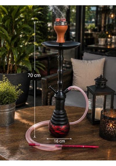 Nargile 70 Cm Siyah Kırmızı Büyük Boy Nargile Takımı Cam Şişe Uzun Gövde