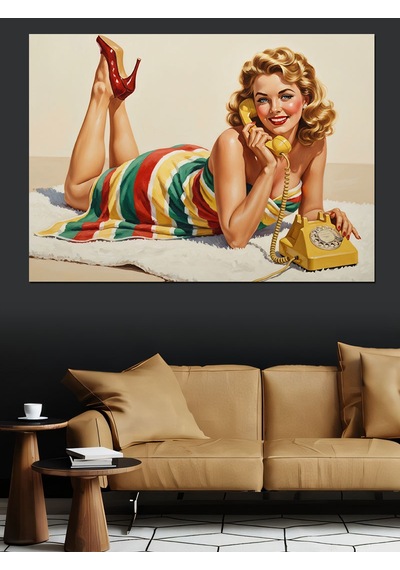 Retro Pin-up Çizgili Elbiseli Kadın Telefonla Konuşuyor Dekoratif Kanvas - Mdf Ahşap Tablo