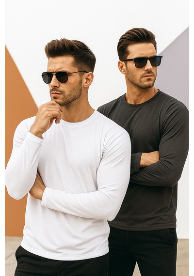 Rich Erkek Beyaz-antrasit 2'li Paket Basic Uzun Kollu Sporcu Body Beyaz-antrasit