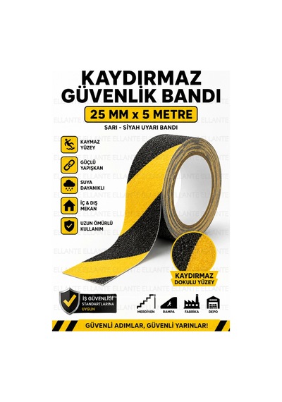 Kaydırmaz Güvenlik Bandı 25 Mm X 5 Metre Sarı Siyah Güçlü Yapışkanlı Merdiven Rampa Zemin Kaydırmaz