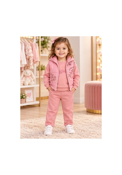 Genel Markalar Çiçek Desenli Yelekli Kız Çocuk 3 Lü Bebek Takım Pembe - 927433647 Pembe