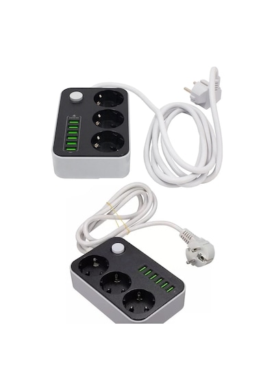 Portatif Tasarım Akım Korumalı 2 Metre 3 Lü Priz 6 Usb Port Çoklu Şarj Aleti