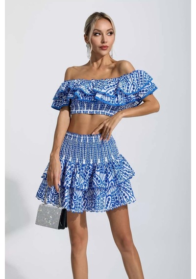 Fashion Cocktail Korse Bandaj Kumaşlı Esnek Kabarık Etekli Tasarım Gece Davet Krop Etek Takım Mavi Fashion Cocktail Korse Bandaj Kumaşlı Esnek Kabarık Etekli Tasarım Gece Davet Krop Etek Takım Mavi