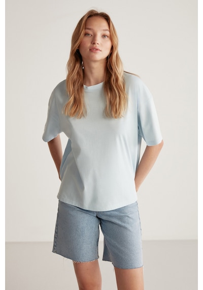 Grımelange Jemmy Kadın %100 Organik Pamuk Relaxed Fit Yırtmaçlı Yuvarlak Yakalı Açık Mavi T-shirt