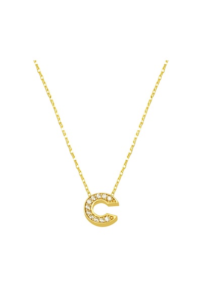 Taşlı C Harfli Minimal Harf Kolye Altın