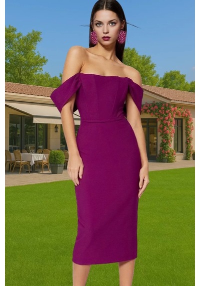 Ersefa Moda Fit Mezuniyet Balo Finike Dokuma Carmen Yaka Kısa Kol Bodyco Mor