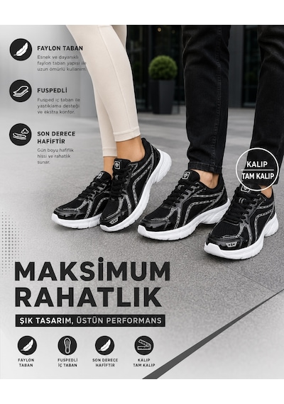 Homiro Unisex Rahat Günlük Spor Ayakkabı Yazlık Hafif Fileli SİYAH-BEYAZ