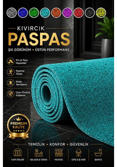 Abktrk-100x80 Kıvırcık Paspas Tüm Ölçüler Kaymaz Taban Halı Yolluk Kapı Önü Paspası Turkuaz