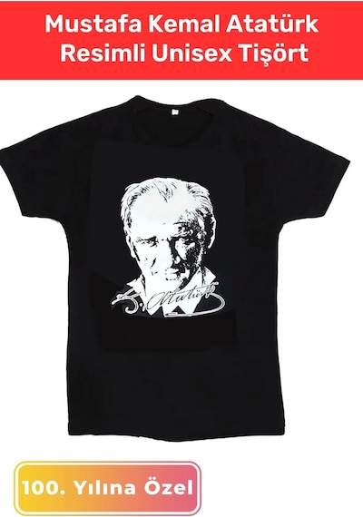 Cumhuriyetin 100. Yılına Özel 29 Ekim 10 Kasım Mustafa Kemal Atatürk Resim Ve Imzalı Unisex Tişört Siyah