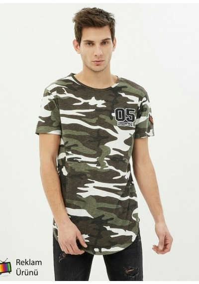 Koton Yeşil Askeri Desenli Uzun Tişört T-shirt Açık Mint Yeşili
