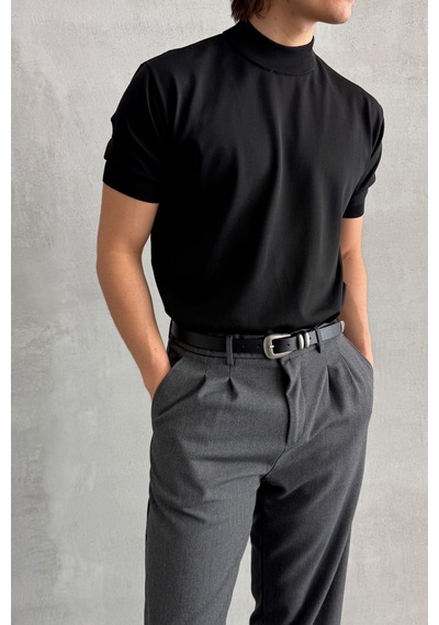 Erkek Oversize Yarım Balıkçı Triko T-shirt Siyah