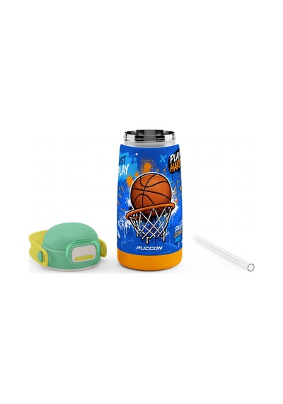 Puccon 420 Ml Erkek Çocuk Basketbol Baskılı Mavi Kahverengi Çelik Matara Termos - Sızdırma - 60031 Çok Renkli