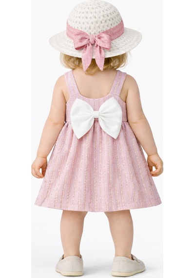 Chicsy Baby Tatlı Kız Bebek Tarz Simli Elbise Şapkalı Fiyonk Detaylı Yazlık 2 Li Kombin Pembe
