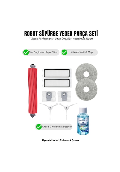 Roborock Qrevo İle Uyumlu 1 Ana Fırça 2 Beyaz Yan Fırça 2 Filtre 2 Mop 1 Deterjan 2 Toz Torbası 7.0