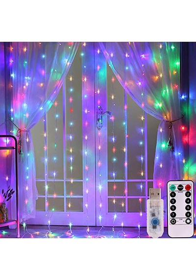 Rgb Perde Led Işık 3x3m 300 Led, 10 Sarkıtlı Ortam Aydınlatma Işığı Karışık-çok Renkli