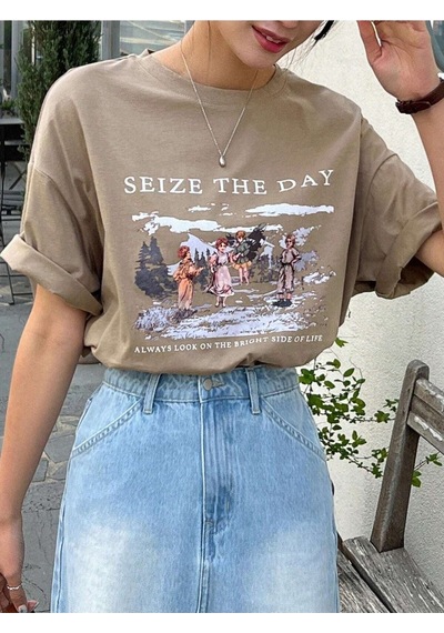 Flood Of Style Kadın Kahverengi Seize The Day Baskılı Oversize T-shirt