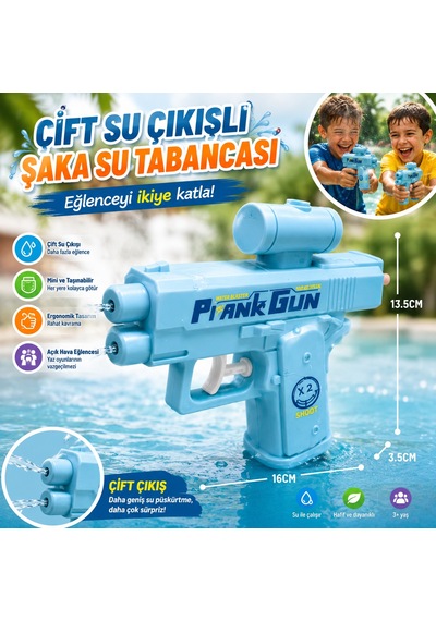 Çift Su Çıkışlı Şaka Su Tabancası Eğlenceyi İkiye Katlayan Mini Su Püskürtme Oyuncağı Mavi