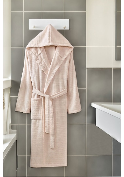 2 Li Kapşonlu Unisex Banyo Bornozu Seti %100 Soft Pamuklu Antasit-bej