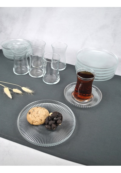 18 Parça Cam Çay Seti Takımı - Pasta Tabağı - Çay Bardağı Ve Çay