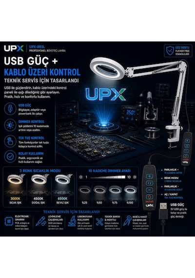 Goldenbee 5x Büyüteç Akrobat Led Aydınlatmalı Dimmerli Usb'li Model. 803l