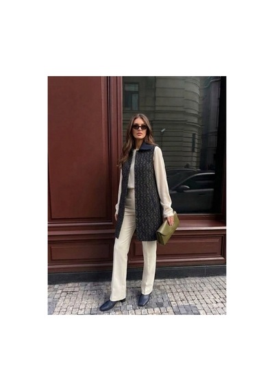 Onno Style Women Desenli Çelik Örgü Uzun Triko Kadın Yelek Kaban Lacivert