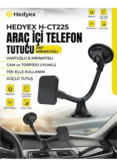 Hedyex H-ct225 Araç İçi Telefon Tutucu Vantuzlu Mıknatıslı Cam Ve Torpido Uyumlu