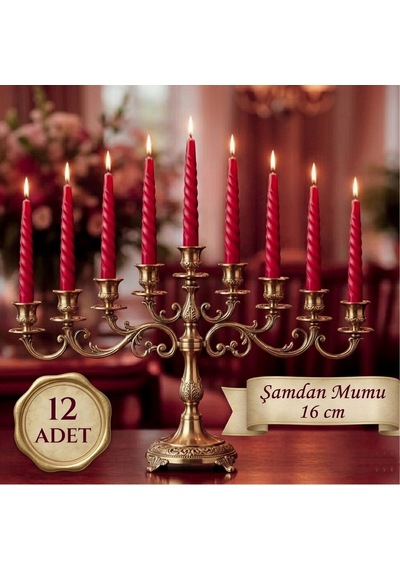 12 Adet Kıvrımlı Şamdan Mumu Kırmızı 16 Cm Dekoratif Uzun Mum Seti Kırımızı