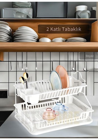 2 Katlı Bulaşıklık Paslanmaz Tezgah Üstü Tabaklık Bpa Free Bulaşık Sepeti Kurutmalık Beyaz