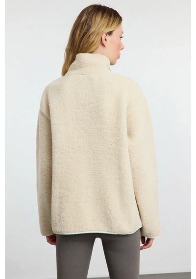 Benerly Kadın Dik Yaka Düşük Kol Tam Fermuarlı Peluş Sweatshirt Fonksiyon Taş