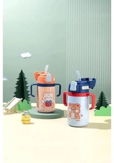 Rovco 400ml Silikon Pipetli Sevimli Ayıcıklı Boyun Askılı Bebek Kulplu Paslanmaz Çelik Termos Turuncu Genel