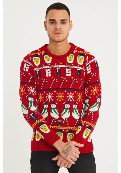 Cool Tarz Erkek Kırmızı Christmas Yılbaşı Kazağı Kırmızı Kırmızı