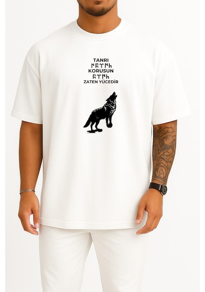 Bahriyeli Collection Oversize Göktürk Tanrı Türkü Korusun Göğüs Tasarımlı Unisex T-shirt Beyaz