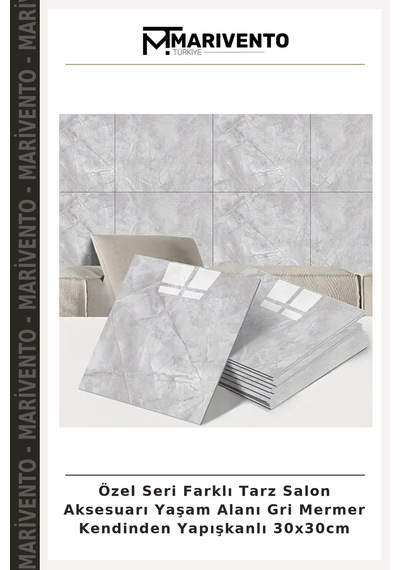Özel Seri Farklı Tarz Salon Aksesuarı Yaşam Alanı Gri Mermer Kendinden Yapışkanlı 30x30cm