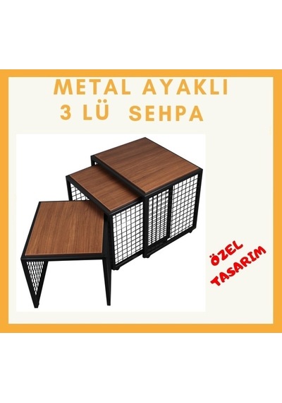 Moleno Viola Metal Ayaklı Ahşap Kaplama 3 'Lü Zigon Sehpa Barok
