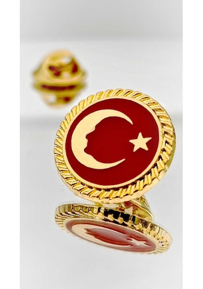 Yörük Tasarım Türk Bayrağı Atatürk Siluetli Altın Kaplama Mineli Yaka Rozeti Altın