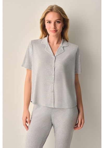Suwen Hilary Gömlek Yaka Pijama Takımı Sh26628660b051 Gri Melanj