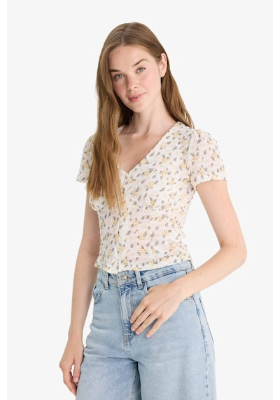 Defacto Fitted V Yaka Çiçekli Dokulu Kısa Kollu Bluz F4625ax25auyl514 Sari