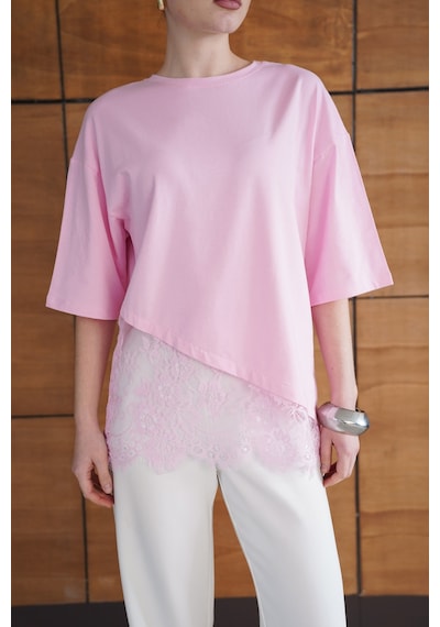 Verymoda Dantel Detaylı Asimetrik Tişört D2953 Pembe