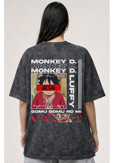 Monkey D. Luffy One Piece Anime Baskılı Unisex Oversize Vintage Y Siyah