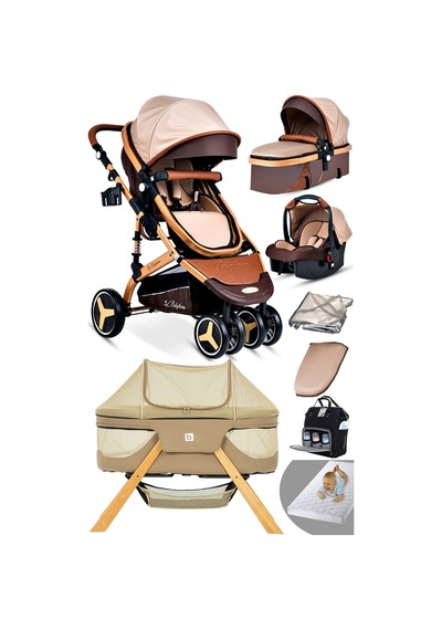 Baby Home Yeni Doğan 9 İn 1 Full Takım 945 Travel Sistem Bebek Arabası Angel Sepet Anne Yanı Beşik Altın - Kahverengi