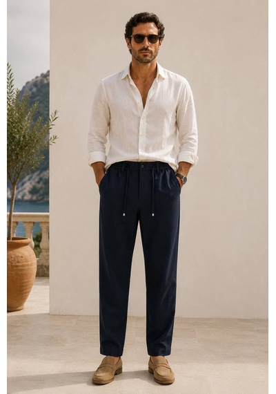 Danger Erkek Pamuk Viskon Kumaş Keten Görünümlü Lacivert Slim Fit Pantolon - 216dngr