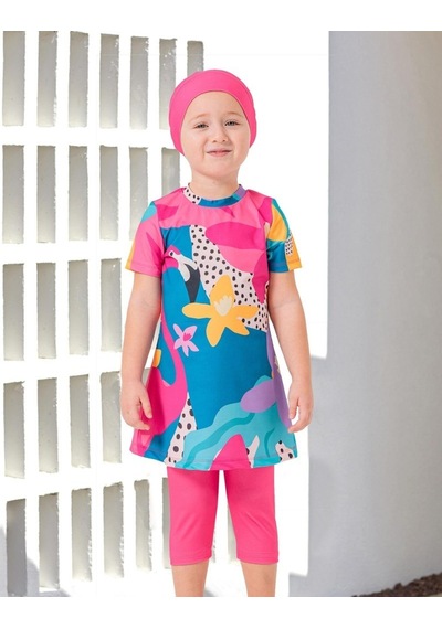 Birolgaye Adasea 251911 Sterli Pembe Kısa Kol Çocuk Tesettür Mayo Pembe