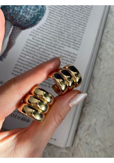 Pinery Jewels 3 Sıra Halka Altın Kaplama Küpe Çifti Altın