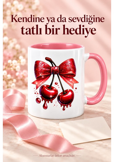 Kiraz Ve Fiyonk Desenli Kupa Bardak Pembe İç Ve Kulp Detaylı Hediyelik Kahve Kupası Beyaz - Pembe