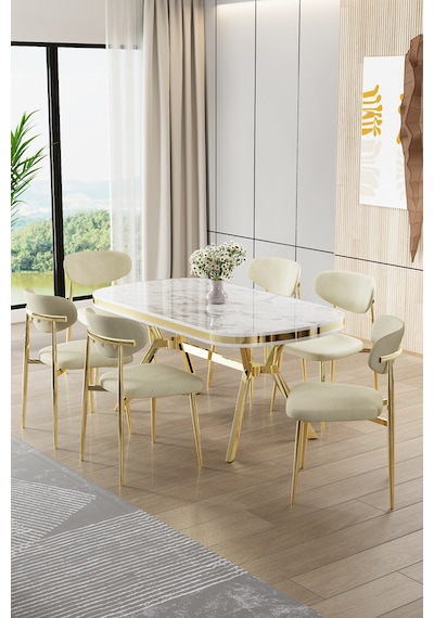 Canisa Olya Serisi 90x168 Lak Panel Beyaz Mermer Desen Masa Takımı Gold Ayaklı 6 Krem Sandalye Masa Beyaz Mermer Krem Sandalye Canisa Olya Serisi 90x168 Lak Panel Beyaz Mermer Desen Masa Takımı Gold Ayaklı 6 Krem Sandalye Masa Beyaz Mermer Krem Sandalye