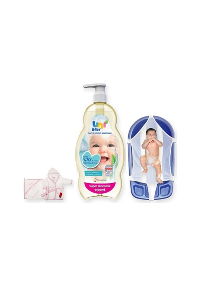Bornozlu Banyo Seti 3 Parça: Bornoz Seti + Uni Baby Şampuan + Sema Baby Küvet Filesi - Pembe