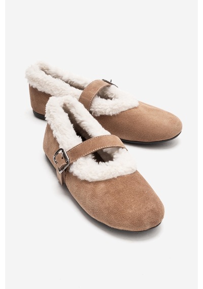 Luvishoes Guın Toprak Süet Hakiki Deri Peluş Detaylı Kemerli Kadın Babet Ayakkabı Toprak