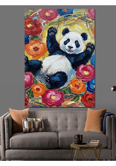 Çiçekler İçinde Sevimli Panda Dekoratif Kanvas - Mdf Ahşap Tablo